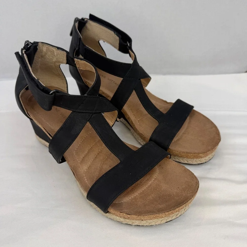 Adrienne Vittadini Thurston Black Strappy Espadrille Wedge Sandals Womens 7.5M